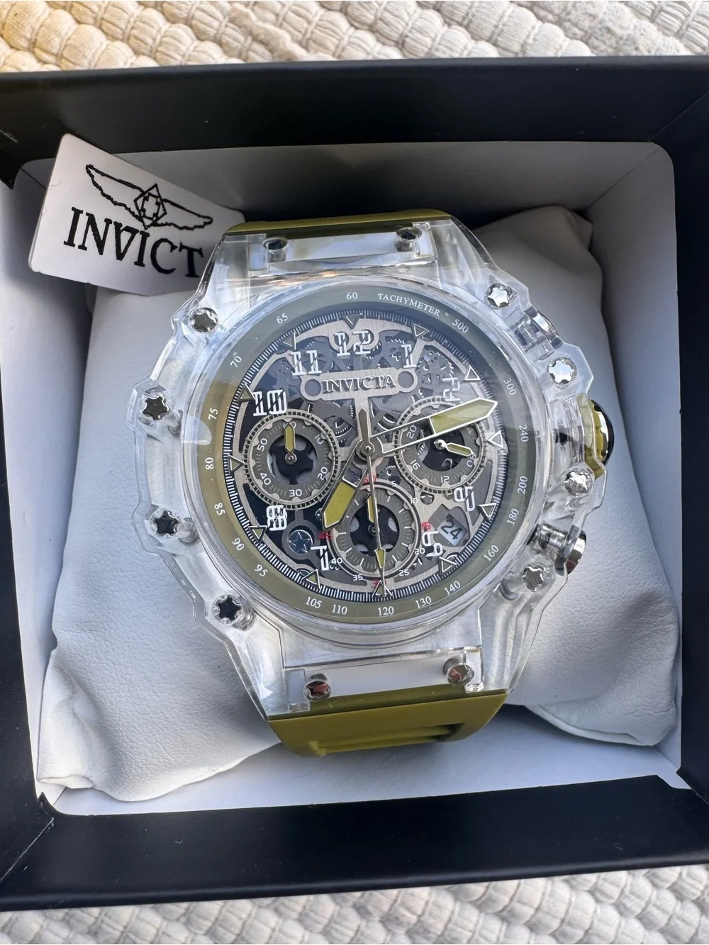 Invicta Skeleton Chronograph Watch Clear Resin Case Olive Band NWT